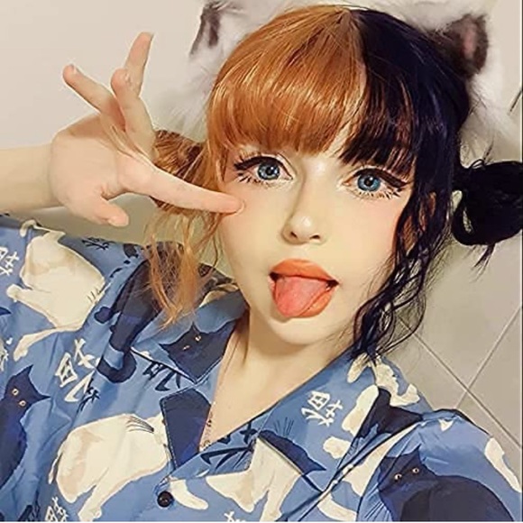 Hair Short Curly Wavy Bob Wigs With Bangs Half Black Half Orange Wig Poshmark